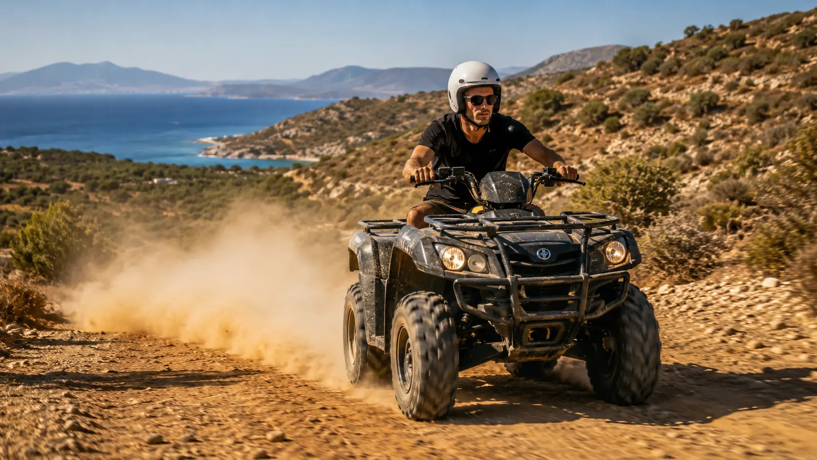 Action shot of an ATV tour in Cesme on a dusty off-road track