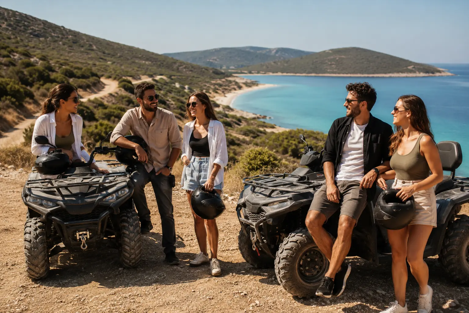 Couples and friends enjoying a group ATV tour in Cesme
