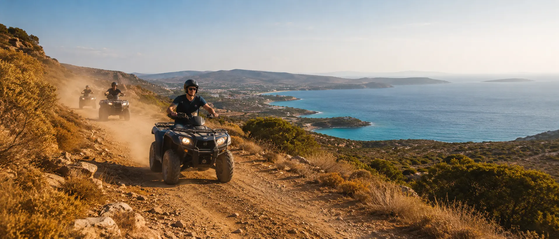 ATV riders on a scenic trail in Cesme with sea view and summer landscape