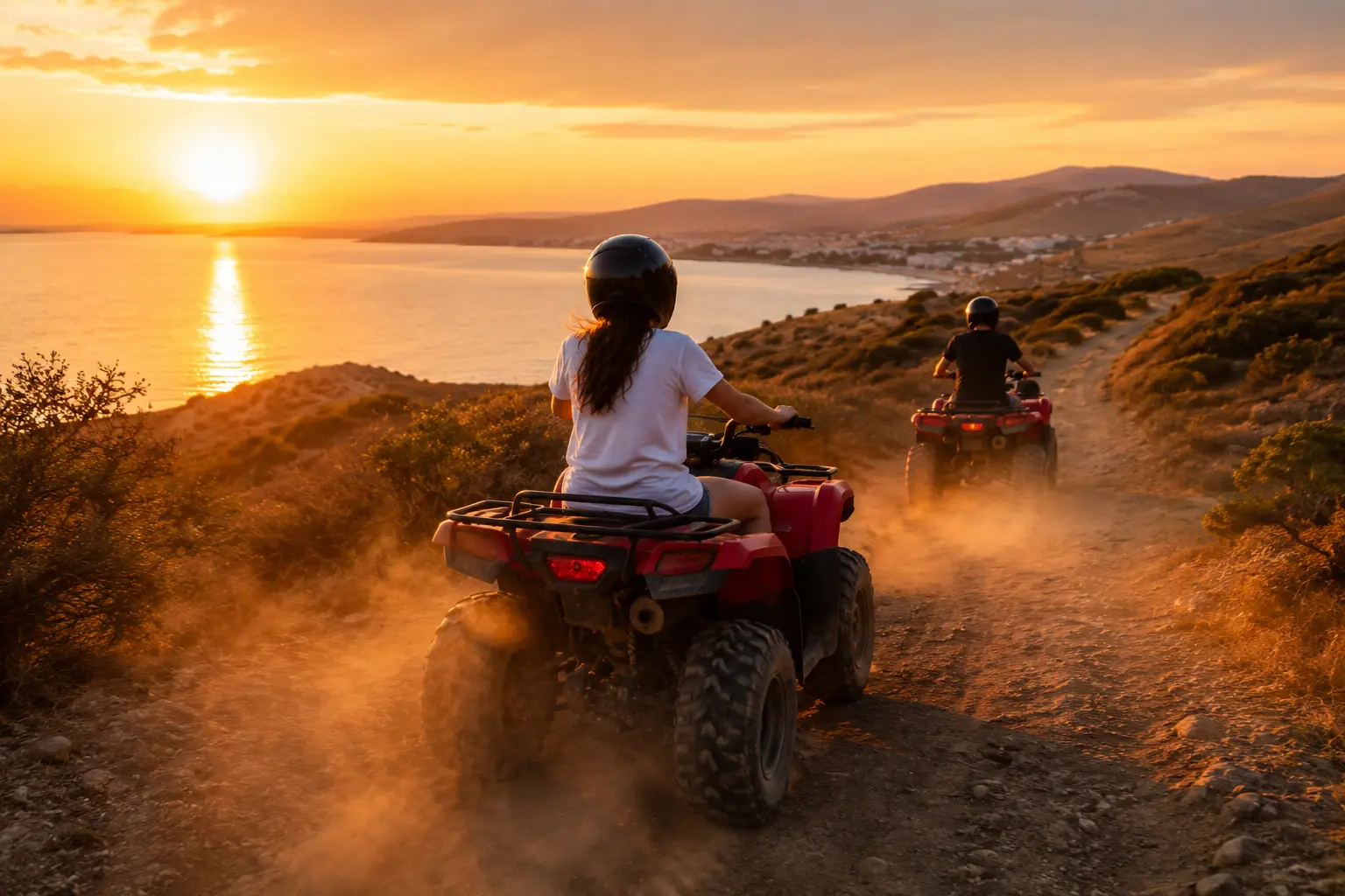 Sunset ATV ride in Cesme with warm golden light and scenic landscape